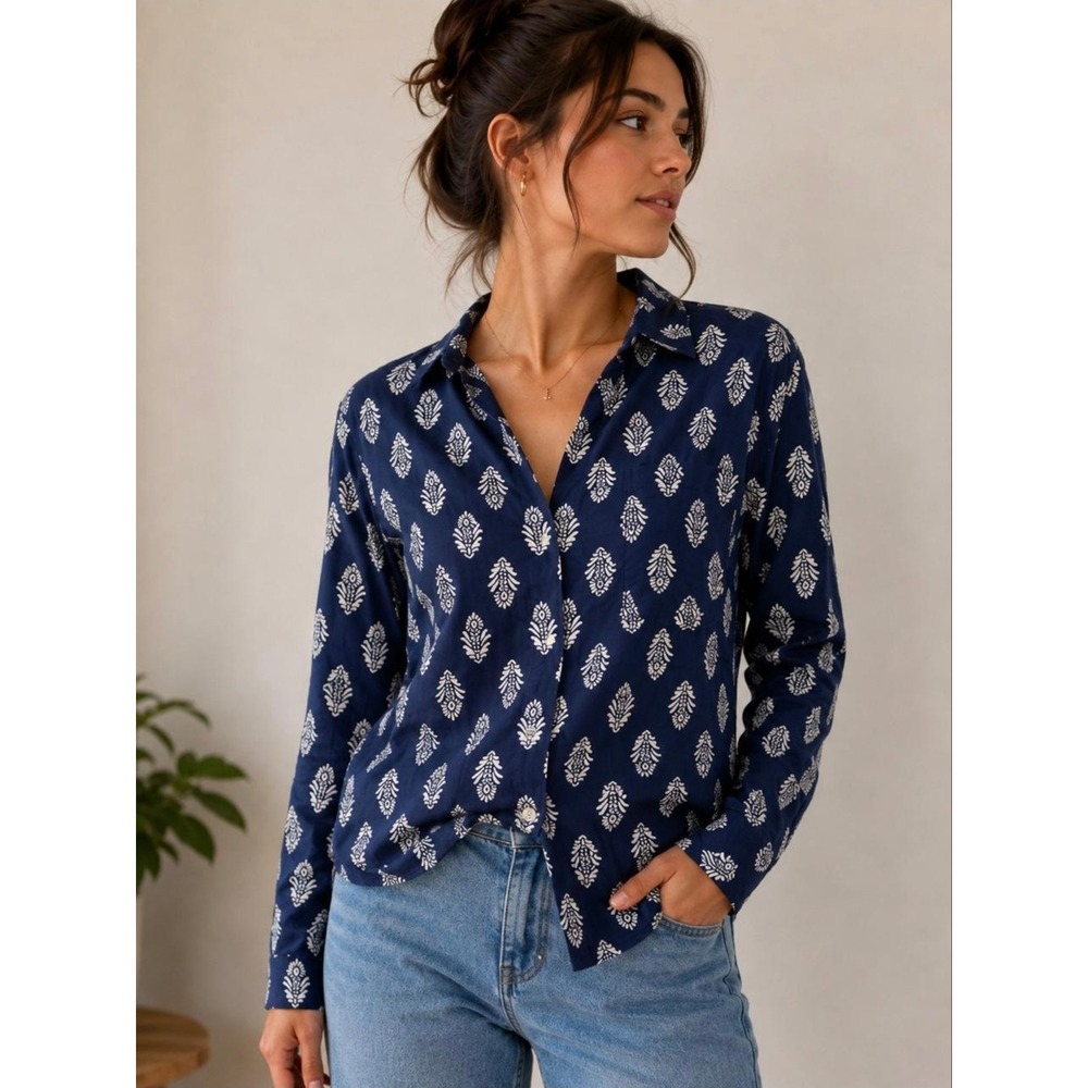J.Crew Navy Blue Botanical Print Regenerative Cotton Blend Button Down Shirt S